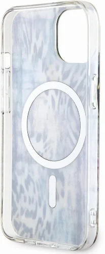 Apple iPhone 14 Kılıf GUESS Magsafe Şarj Özellikli Leopar Desenli Kapak - Mavi