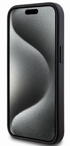 Apple iPhone 14 (6.1) Kılıf Guess Magsafe Şarj Özellikli PU Deri Desenli Metal Plaka Logolu Kapak - Siyah