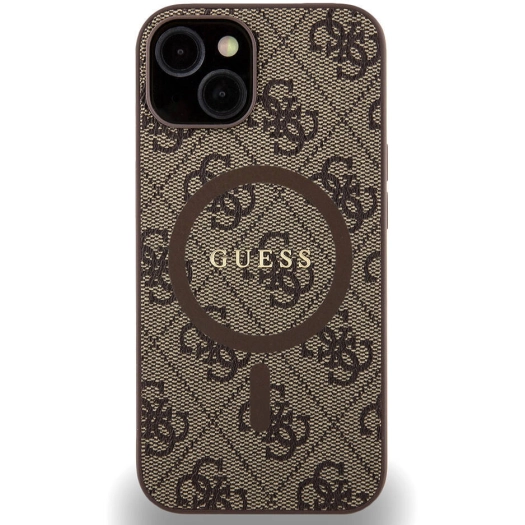 Apple iPhone 14 (6.1) Kılıf Guess Orjinal Lisanslı Magsafe Şarj Özellikli 4G Desenli Yazı Logolu Kapak - Kahverengi