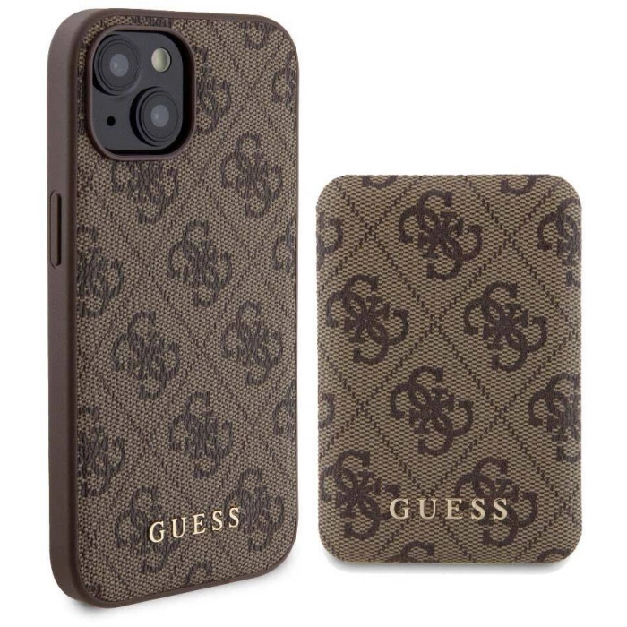 Apple iPhone 14 Kılıf Guess Orjinal Lisanslı Magsafe Şarj Özellikli Yazı Logolu 4G Desenli Kapak + Powerbank 5000mAh 2in1 Set - Kahverengi
