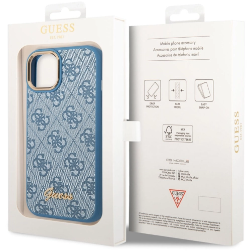 Apple iPhone 14 (6.1) Kılıf GUESS PU Deri Metal Logo Dizaynlı Kapak - Mavi