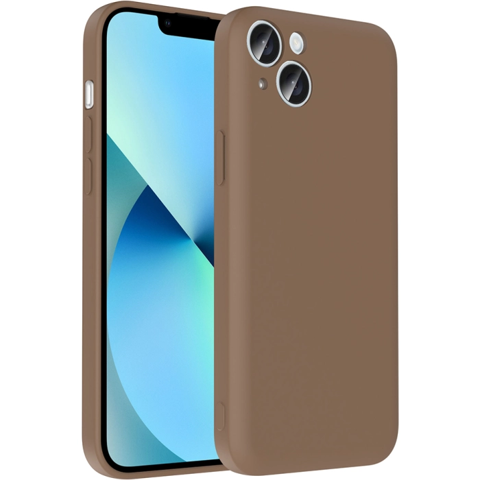 Apple iPhone 14 (6.1) Kılıf İçi Kadife Dokulu Kartlık Hazneli Mat Vitra Silikon Kapak - Kahverengi