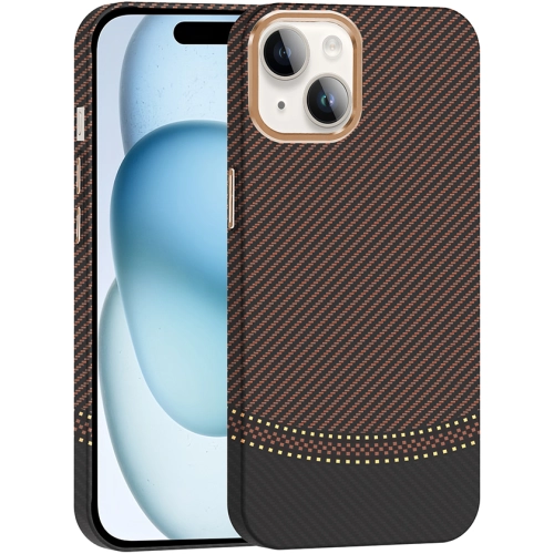Apple iPhone 14 (6.1) ile Uyumlu Kılıf MagSafe Şarj Özellikli Karbon Fiber Görünümlü Gros Kapak - Gold-Siyah