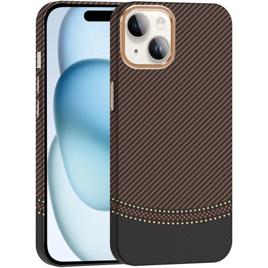 Apple iPhone 14 (6.1) ile Uyumlu Kılıf MagSafe Şarj Özellikli Karbon Fiber Görünümlü Gros Kapak - Gold-Siyah