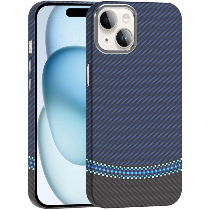 Apple iPhone 14 (6.1) ile Uyumlu Kılıf MagSafe Şarj Özellikli Karbon Fiber Görünümlü Gros Kapak - Siyah-Lacivert
