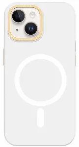 Apple iPhone 14 (6.1) Kılıf Magsafe Şarj Özellikli Metal Kamera Çerçeveli Recci Glaze Serisi Kapak - Beyaz