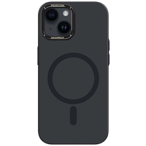 Apple iPhone 14 (6.1) Kılıf Magsafe Şarj Özellikli Metal Kamera Çerçeveli Recci Glaze Serisi Kapak - Siyah