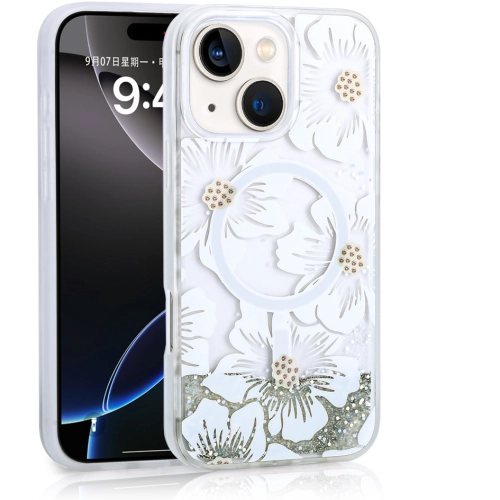 Apple iPhone 14 (6.1) Kılıf Sıvılı Simli Baskılı Şeffaf Arka Yüzey Zore Mossa Silikon Kapak - Gri