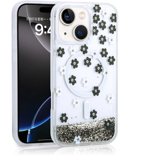 Apple iPhone 14 (6.1) Kılıf Sıvılı Simli Baskılı Şeffaf Arka Yüzey Zore Mossa Silikon Kapak - Siyah