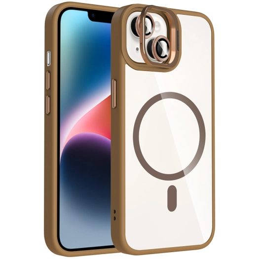 Apple iPhone 14 (6.1) Kılıf Standlı ve Kamera Lens Hediyeli M-Safe Şarj Özellikli Etro Kapak - Desert Titanyum