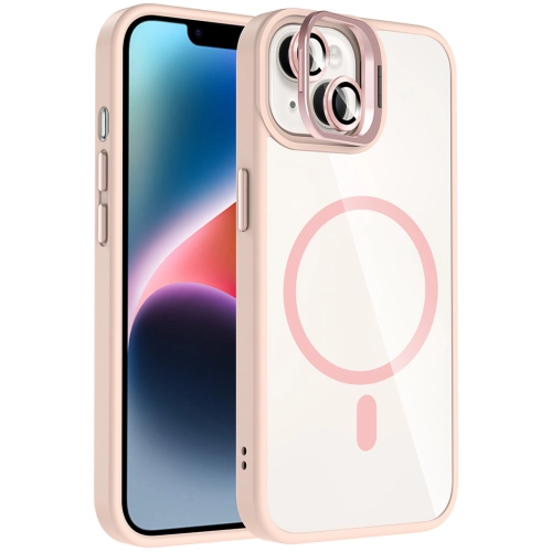 Apple iPhone 14 (6.1) Kılıf Standlı ve Kamera Lens Hediyeli M-Safe Şarj Özellikli Etro Kapak - Pembe