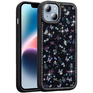 Apple iPhone 14 (6.1) Kılıf Taşlı ve Simli Tasarım Lux Işıltılı Azra Kapak - Siyah