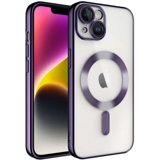 Apple iPhone 14 Plus (6.7) Kılıf Kamera Korumalı Şeffaf Magsafe Wireless Şarj Özellikli Demre Kapak - Koyu Mor