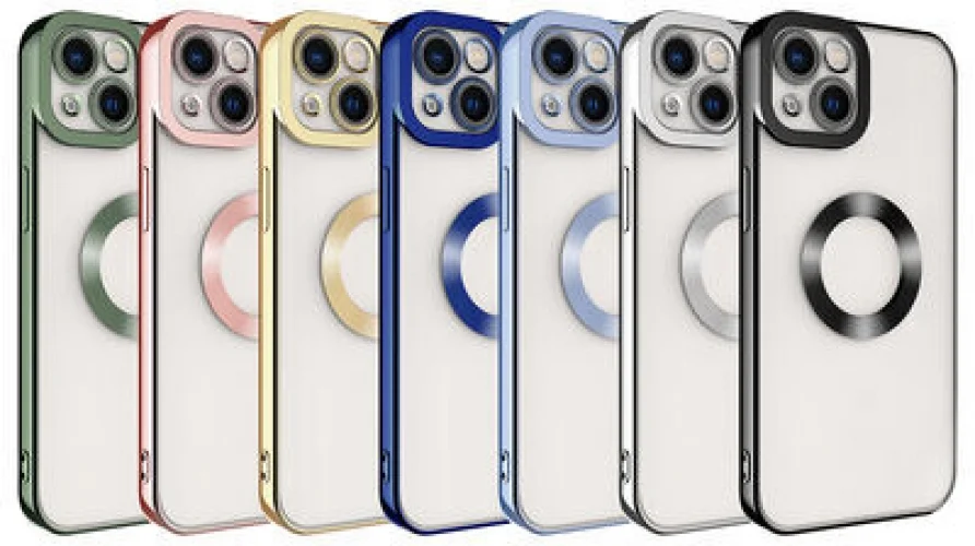 Apple iPhone 14 Plus (6.7) Kılıf Kamera Korumalı Silikon Logo Açık Omega Kapak - Gold