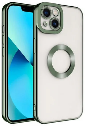 Apple iPhone 14 Plus (6.7) Kılıf Kamera Korumalı Silikon Logo Açık Omega Kapak - Yeşil