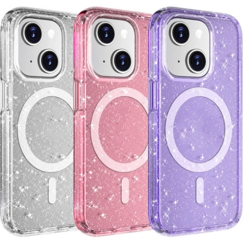 Apple iPhone 14 Plus (6.7) Kılıf Magsafe Şarj Özellikli Parlayan Simli Saydam Renkli Allstar Kapak - Mor