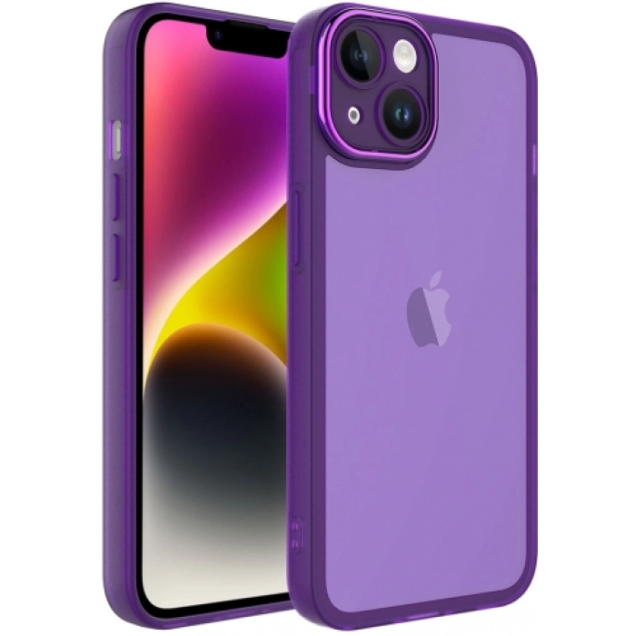 Apple iPhone 14 Plus (6.7) Kılıf Şeffaf Esnek Silikon Kenarları Buzlu Kamera Korumalı Post Kapak - Derin Mor