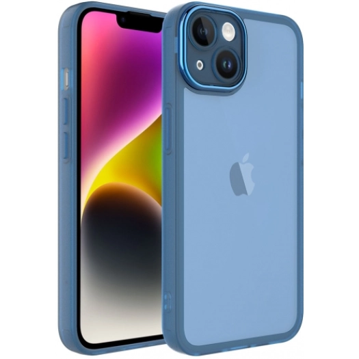 Apple iPhone 14 Plus (6.7) Kılıf Şeffaf Esnek Silikon Kenarları Buzlu Kamera Korumalı Post Kapak - Mavi