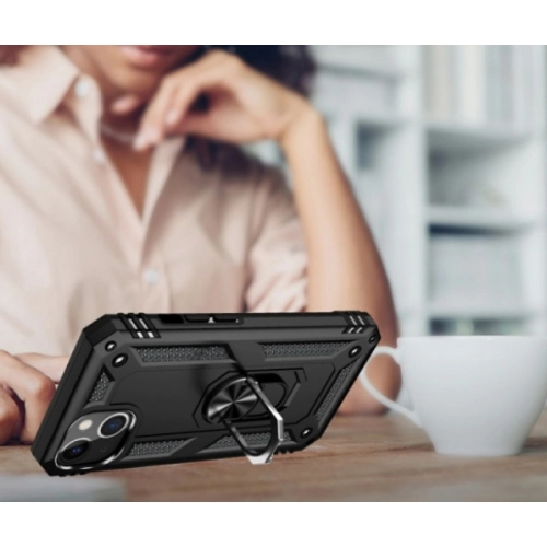 Apple iPhone 14 Plus (6.7) Kılıf Silikon Zırhlı Standlı Yüzüklü Mıknatıslı Tank Kapak - Gold