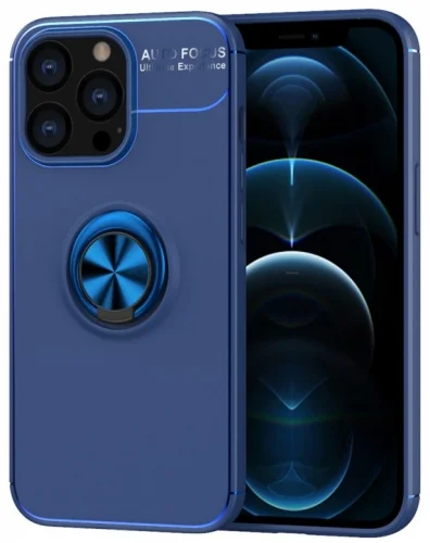 Apple iPhone 14 Pro (6.1) Kılıf Renkli Silikon Yüzüklü Standlı Auto Focus Ravel Kapak - Mavi