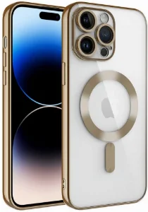 Apple iPhone 14 Pro (6.1) Kılıf Kamera Korumalı Şeffaf Magsafe Wireless Şarj Özellikli Demre Kapak - Gold