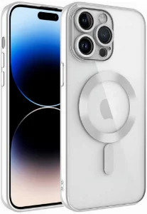 Apple iPhone 14 Pro (6.1) Kılıf Kamera Korumalı Şeffaf Magsafe Wireless Şarj Özellikli Demre Kapak - Gümüş