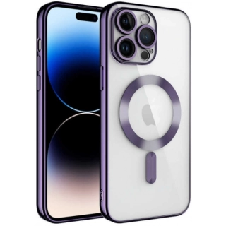 Apple iPhone 14 Pro (6.1) Kılıf Kamera Korumalı Şeffaf Magsafe Wireless Şarj Özellikli Demre Kapak - Koyu Mor