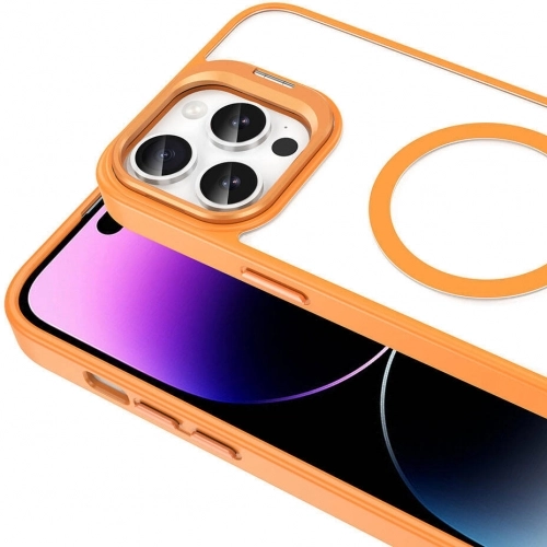 Apple iPhone 14 Pro (6.1) Kılıf Magsafe Wireless Şarj Özellikli Standlı Magsafe Klon Lensli Kapak - Turuncu