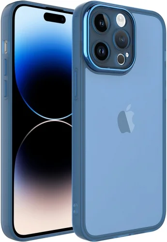 Apple iPhone 14 Pro (6.1) Kılıf Şeffaf Esnek Silikon Kenarları Buzlu Kamera Korumalı Post Kapak - Mavi