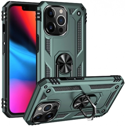 Apple iPhone 14 Pro (6.1) Kılıf Silikon Zırhlı Standlı Yüzüklü Mıknatıslı Tank Kapak - Yeşil