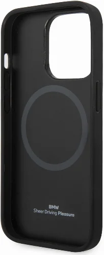 Apple iPhone 14 Pro (6.1) Kılıf BMW Magsafe Şarj Özellikli Deri Sıcak Mühür Baskılı Logo Dizayn Kapak - Petrol Mavi