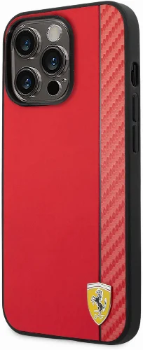 Apple iPhone 14 Pro (6.1) Kılıf Ferrari Magsafe Şarj Özellikli PU Deri Karbon Şeritli Dizayn Kapak - Kırmızı