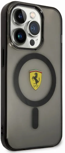 Apple iPhone 14 Pro (6.1) Kılıf Ferrari Magsafe Şarj Özellikli Yarı Transparan Dizayn Kapak - Siyah
