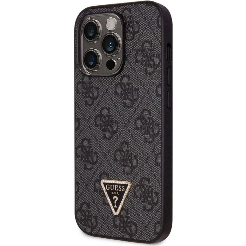 Apple iPhone 14 Pro Kılıf Guess Orjinal Lisanslı PU Deri Taşlı Üçgen Logo 4G Desenli Kapak - Siyah