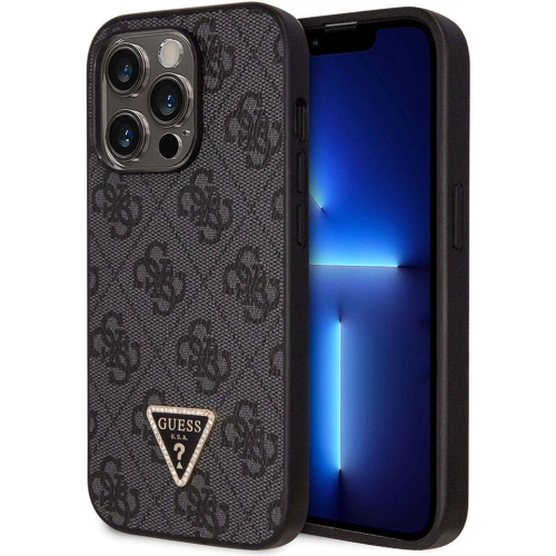 Apple iPhone 14 Pro Kılıf Guess Orjinal Lisanslı PU Deri Taşlı Üçgen Logo 4G Desenli Kapak - Siyah
