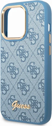 Apple iPhone 14 Pro Kılıf GUESS PU Deri Metal Logo Dizaynlı Kapak - Mavi