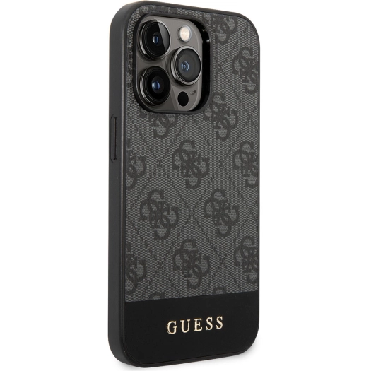 Apple iPhone 14 Pro (6.1) Kılıf GUESS PU Deri Şerit Logo Dizaynlı Kapak - Gri