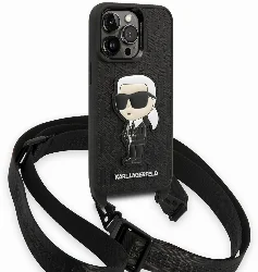 Apple iPhone 14 Pro (6.1) Kılıf Karl Lagerfeld Boyun Askılı Karl Dizayn Kapak - Siyah