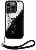 Apple iPhone 14 Pro (6.1) Kılıf Karl Lagerfeld El Askısı İpli Hareketli Pullu Dizayn Kapak - Siyah-Gümüş