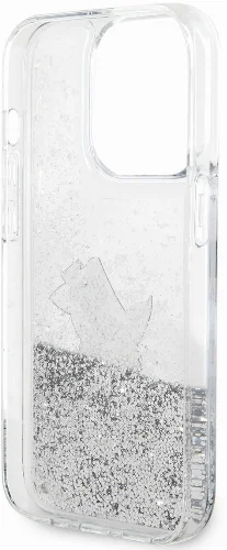 Apple iPhone 14 Pro (6.1) Kılıf Karl Lagerfeld Sıvılı Simli Choupette Dizayn Kapak - Gümüş