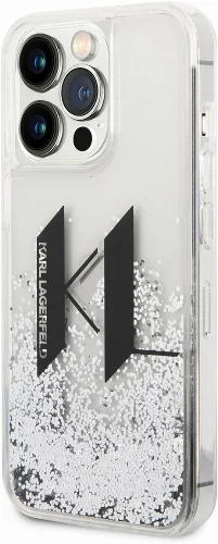Apple iPhone 14 Pro (6.1) Kılıf Karl Lagerfeld Sıvılı Simli Dizayn Kapak - Gümüş