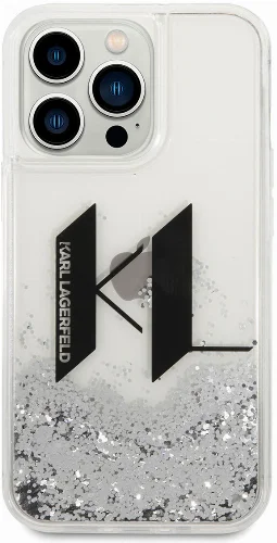 Apple iPhone 14 Pro (6.1) Kılıf Karl Lagerfeld Sıvılı Simli Dizayn Kapak - Gümüş