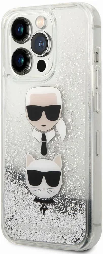 Apple iPhone 14 Pro (6.1) Kılıf Karl Lagerfeld Sıvılı Simli K&C Head Dizayn Kapak - Gümüş