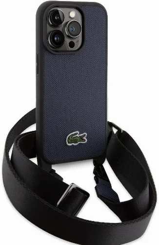 Apple iPhone 14 Pro Kılıf Lacoste Orjinal Lisanslı PU Pike Desenli Arka Yüzey Askılı İkonik Timsah Dokuma Logolu Kapak - Siyah