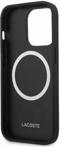 Apple iPhone 14 Pro Kılıf Lacoste Orjinal Lisanslı PU Pike Desenli Arka Yüzey İkonik Timsah Dokuma Logolu Kapak - Siyah