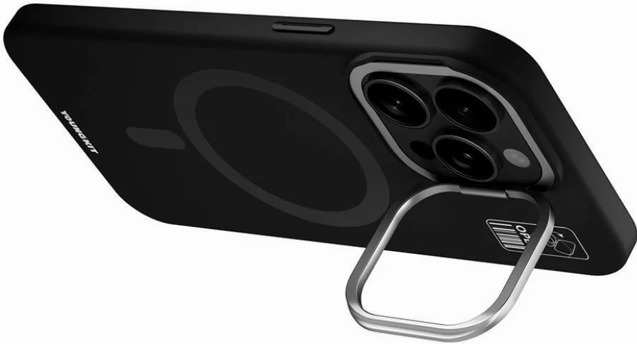 Apple iPhone 14 Pro (6.1) Kılıf Magsafe Şarj Özellikli Kamera Standlı Silikon Youngkit Bitty Cream Kapak - Siyah