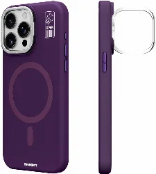 Apple iPhone 14 Pro (6.1) Kılıf Magsafe Şarj Özellikli Kamera Standlı Silikon Youngkit Bitty Cream Kapak - Mor