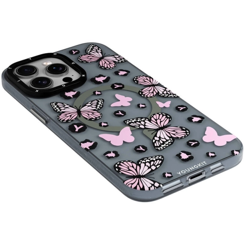 Apple iPhone 14 Pro (6.1) Kılıf Magsafe Şarj Özellikli Kelebek Desenli Youngkit Shadow Dance Serisi Kapak - Gri