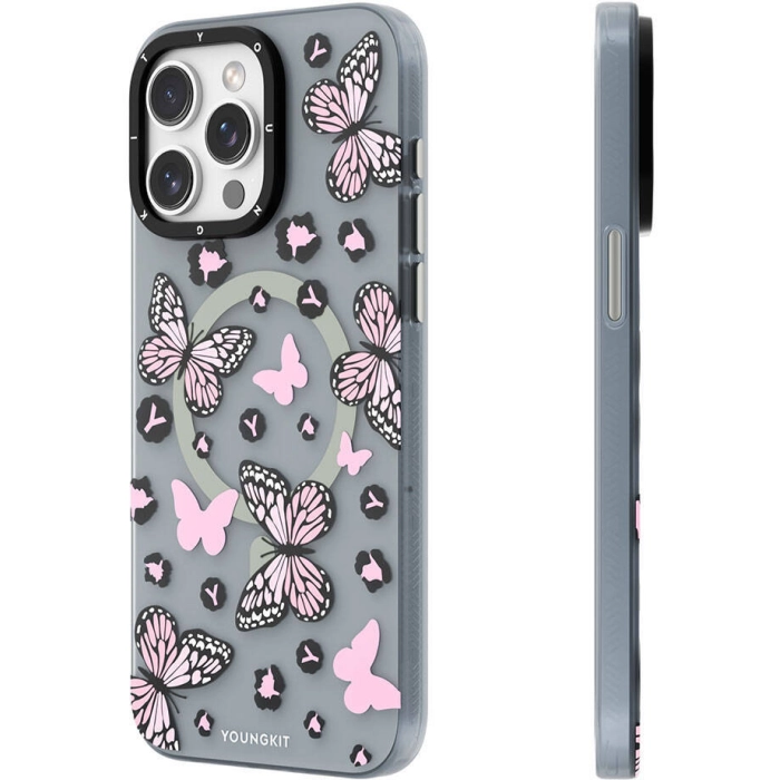 Apple iPhone 14 Pro (6.1) Kılıf Magsafe Şarj Özellikli Kelebek Desenli Youngkit Shadow Dance Serisi Kapak - Pembe