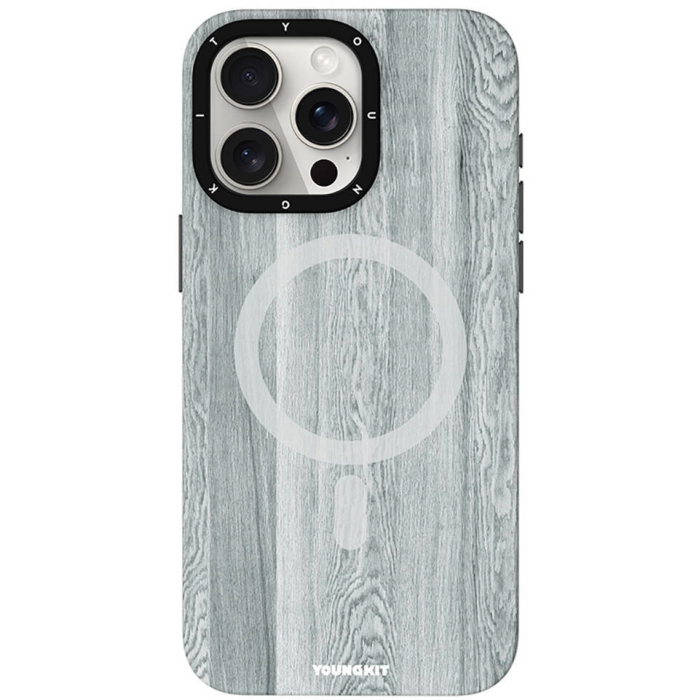 Apple iPhone 14 Pro (6.1) Kılıf Magsafe Şarj Özellikli Sararmaya Dayanıklı Youngkit Wood Forest Serisi Kapak - Gri